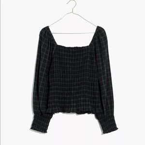 Madewell Lucie Bubble-Sleeve Smocked Top in Plaid Small